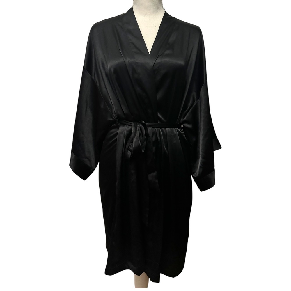 Victoria's Secret Angels Satin Kimono Robe M/L Black Short Wrap Belted Quiet Lux